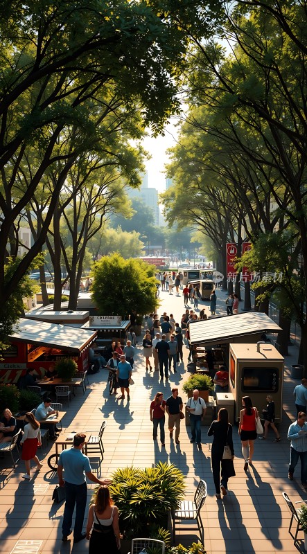 阳光下的街头集市绿树成荫人群熙攘