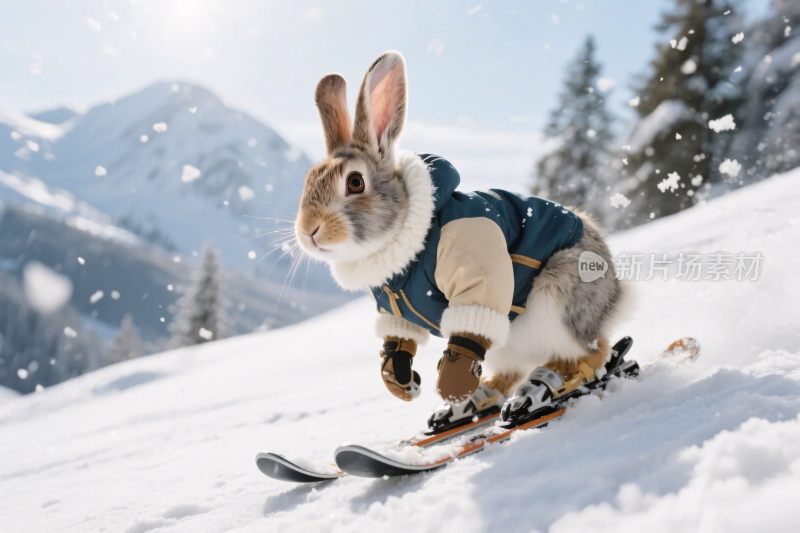 雪地上滑雪的可爱兔子