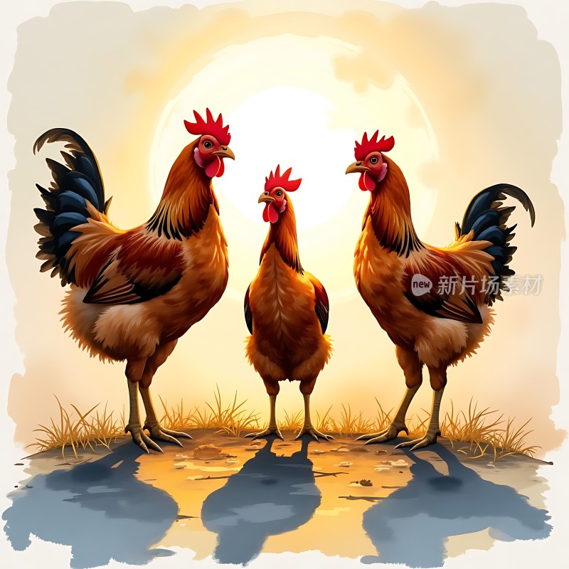 三只雄鸡迎朝阳