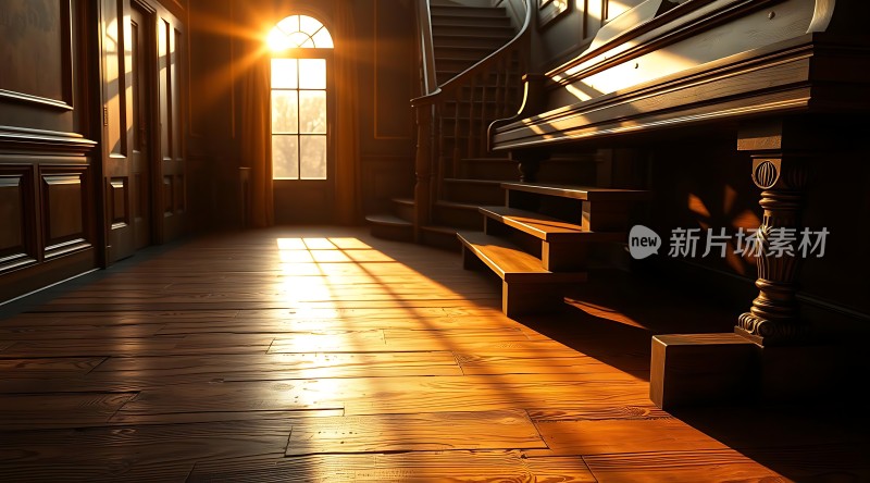 阳光洒满古典室内钢琴与楼梯静默守候