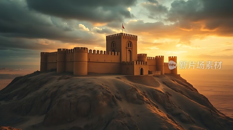 日落下的沙漠城堡