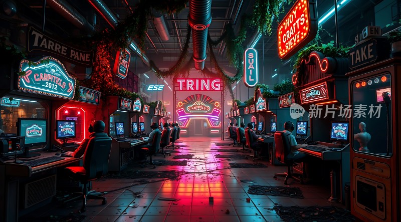 赛博朋克游戏厅霓虹灯下的虚拟世界