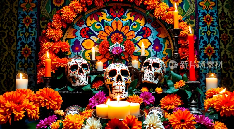 彩色骷髅花烛祭坛