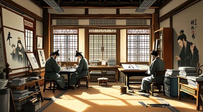 古风书房里三位学者专注研究学问