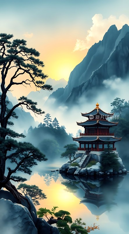 湖畔古亭映山色