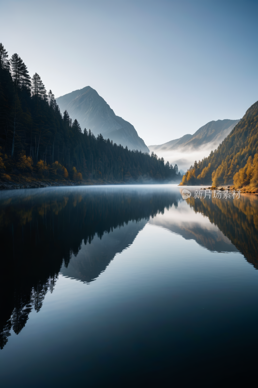 一个湖泊的景色一座高山清风景图片