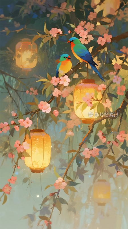 春日繁花小鸟灯笼插画