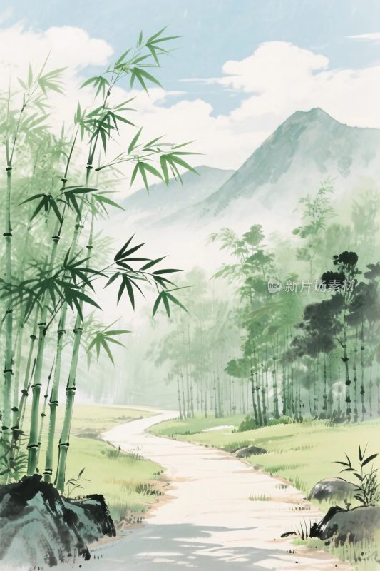 山水竹林风景插画