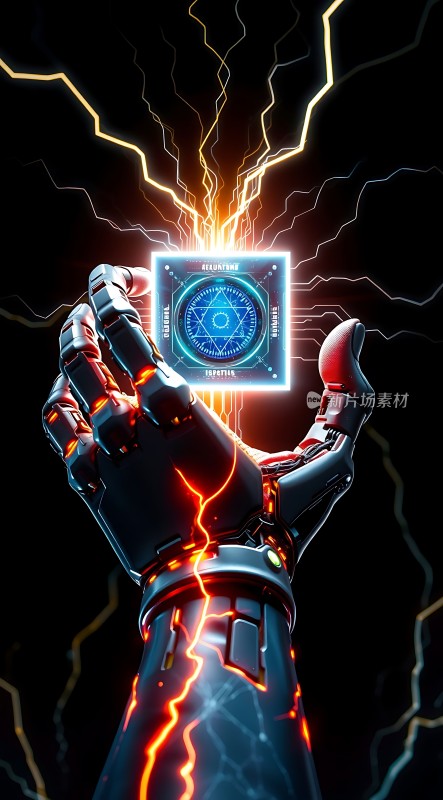 机械臂握住发光芯片科技感十足