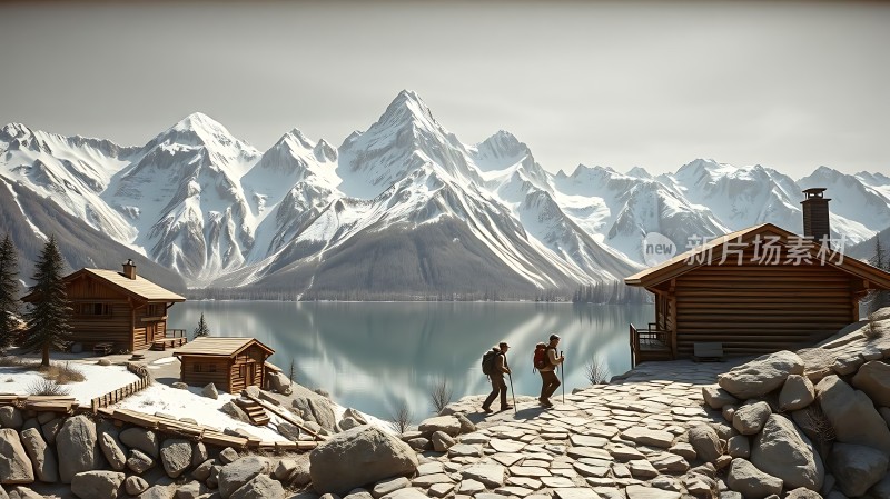 雪域小屋静谧湖畔徒步旅行者与巍峨雪山