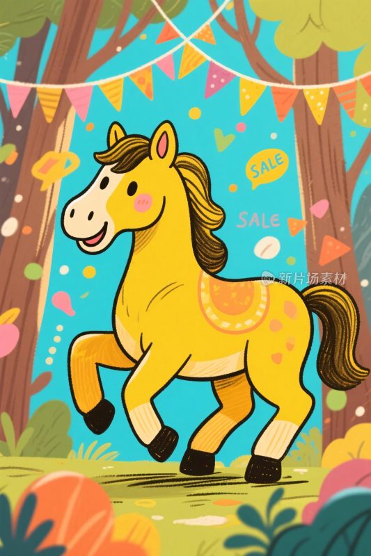 森林卡通小马插画
