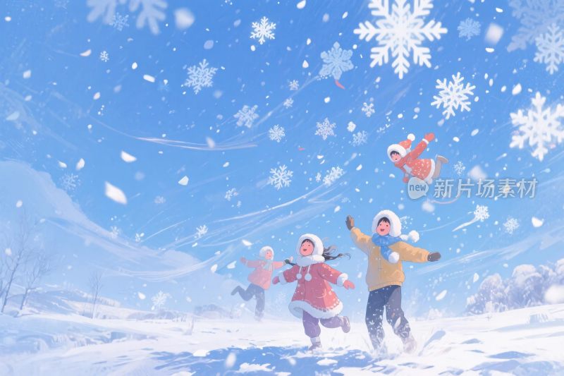 冬日雪景孩童玩耍