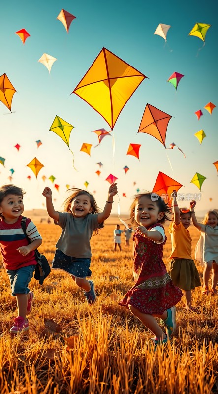儿童放风筝的快乐时光