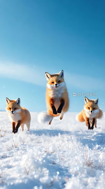 雪地三只小狐狸奔跑嬉戏