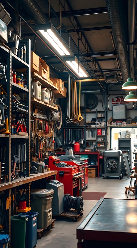 工具天堂车间里的红色工作台与整齐排列的工具架