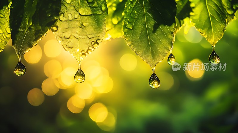 阳光下的绿叶上的露珠