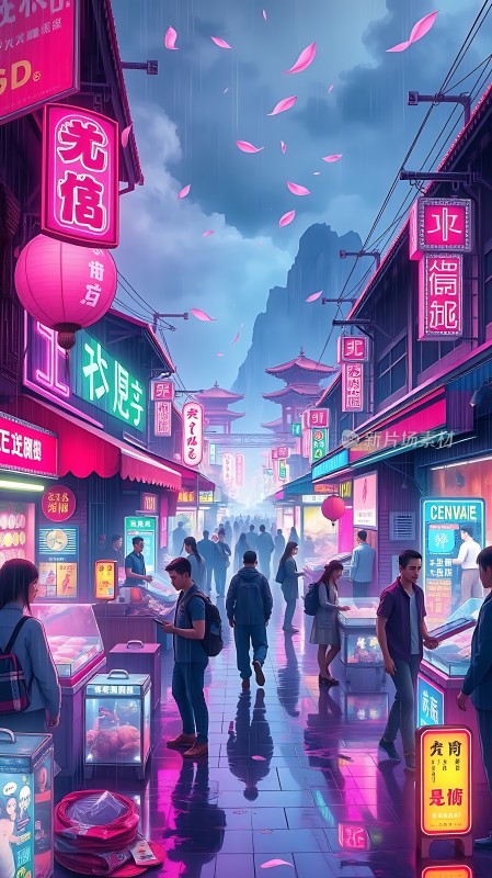 霓虹灯下的繁华夜市