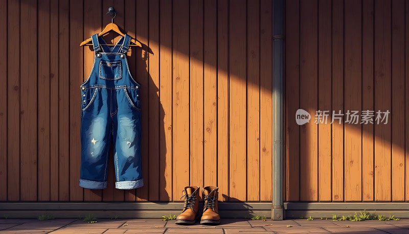 阳光下的牛仔背带裤与皮鞋