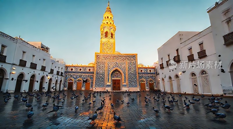 摩洛哥蓝色清真寺广场上的鸽子