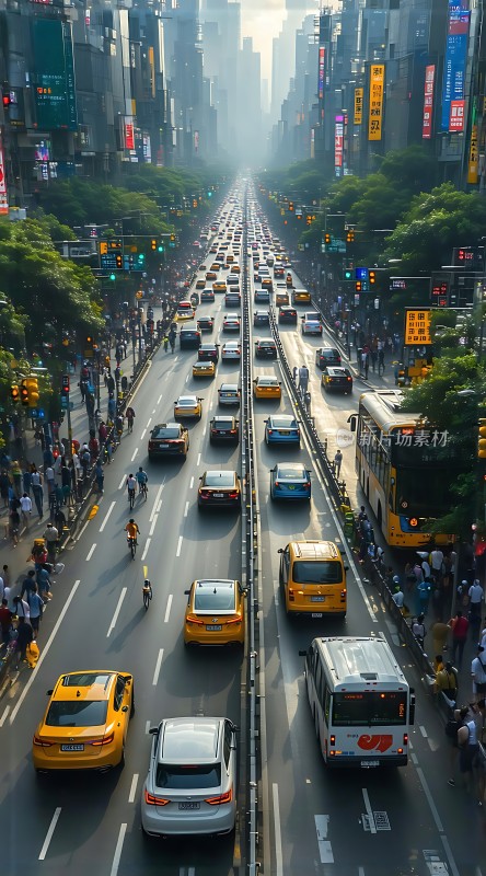 繁华都市街道车水马龙人群熙攘高楼林立