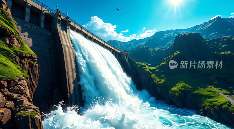 阳光下的绿色大坝与瀑布