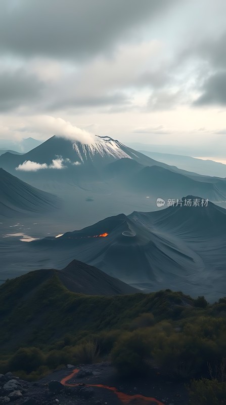 火山熔岩与云雾交织的自然奇观