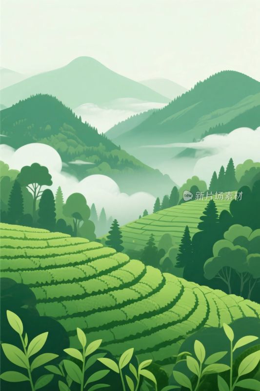 山水茶园风景插画