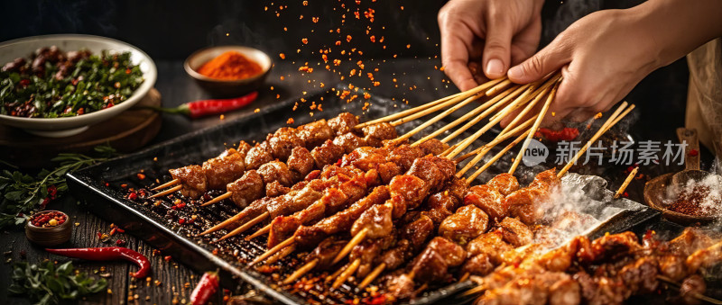 夜市街边烧烤摊串串美食制作场景