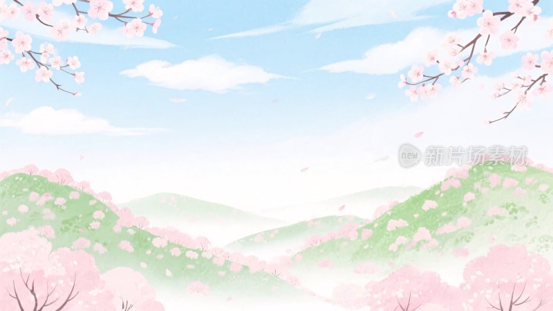 春日樱花山水插画