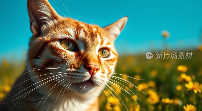 阳光下的橘猫与黄色小花