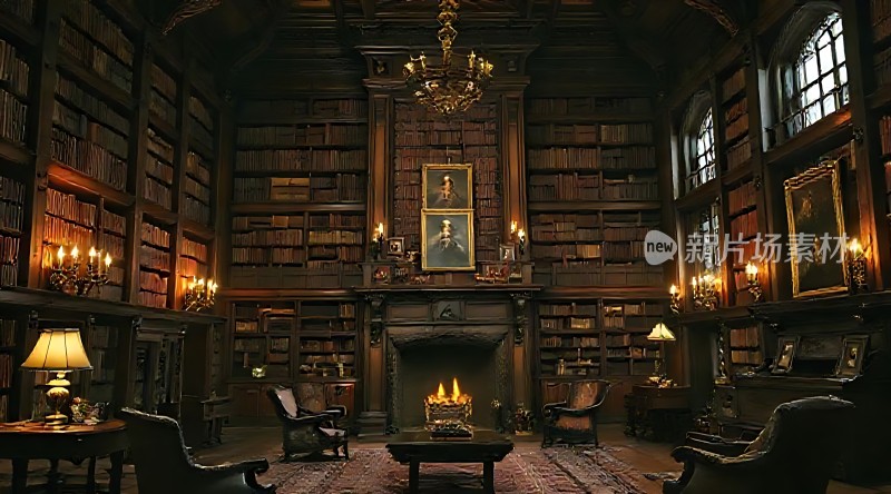 古董书架上的古老图书馆