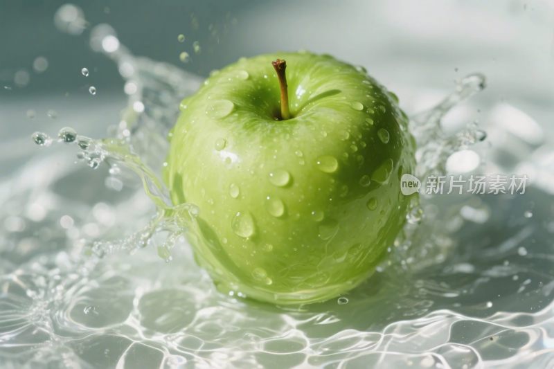 绿色苹果溅水特写图