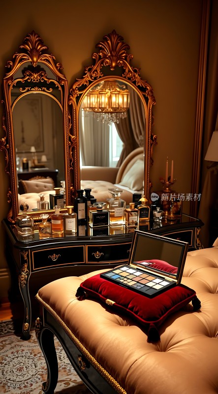 金色镜框梳妆台上的化妆品和红色眼影盘