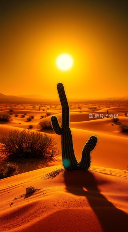 沙漠日落下的坚韧仙人掌