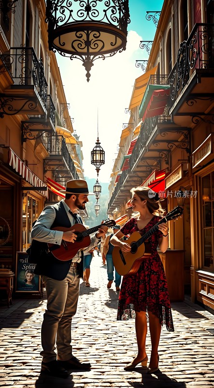 街头吉他演奏阳光下的浪漫旋律