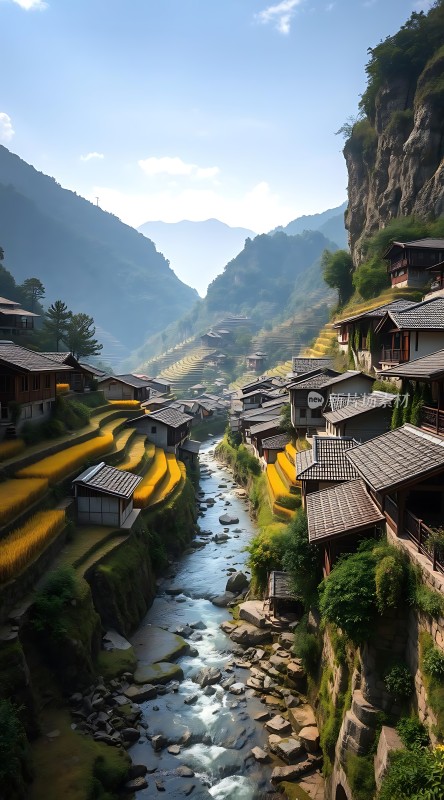 梯田人家山水画卷