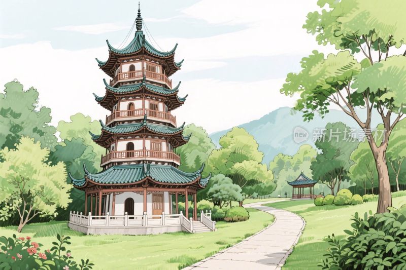 古风塔楼风景插画