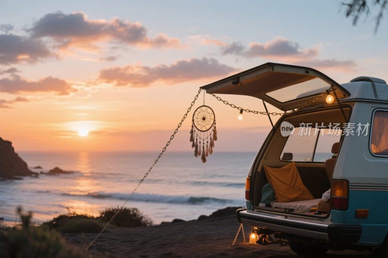 海边夕阳下的露营车场景