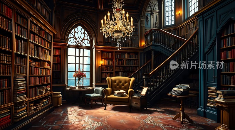 古色古香书房书架、楼梯、吊灯、沙发椅等元素构成