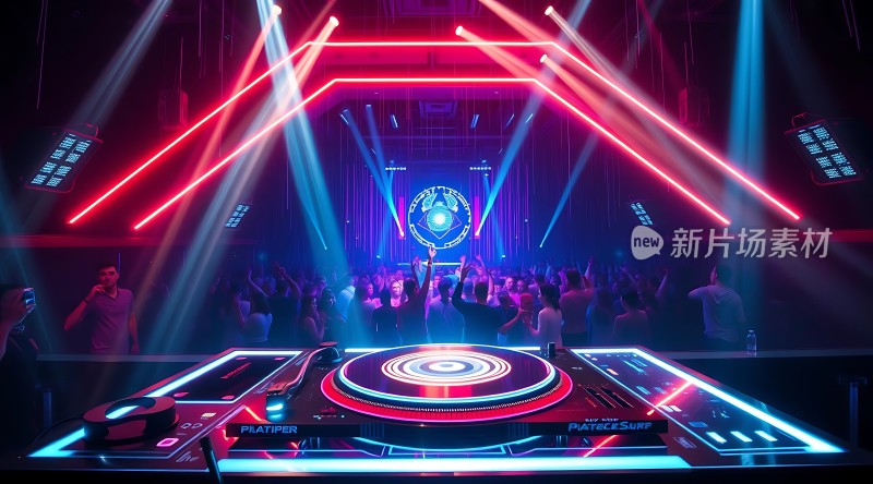 霓虹灯光下的派对现场DJ台前奏响夜色旋律