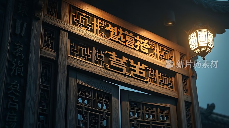 古风建筑牌匾灯笼夜景