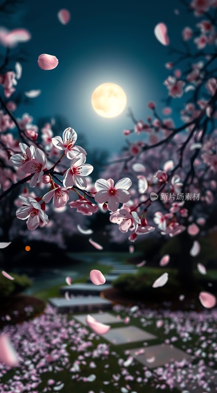 春夜月下樱花雨