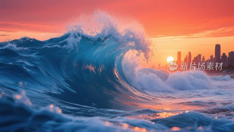 夕阳下的城市与海浪景观