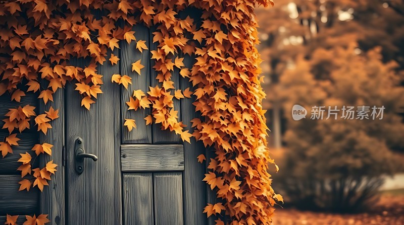 秋叶覆盖的老木门