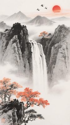 中式山水瀑布日出景观 中式山水瀑布日出景观