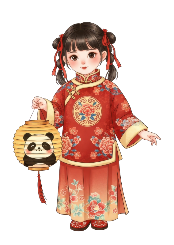 国风女孩与熊猫灯笼