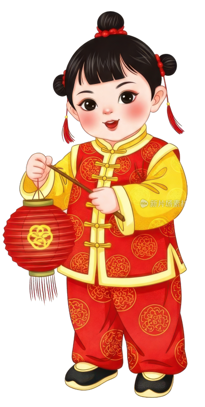 中国风手持灯笼的儿童卡通插画元素