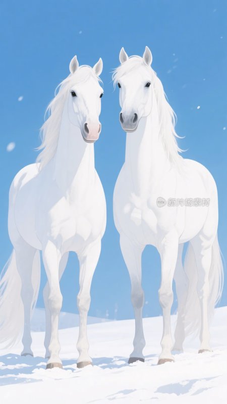 雪地中的两匹白马