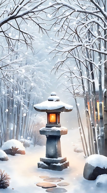 雪夜灯笼映竹径
