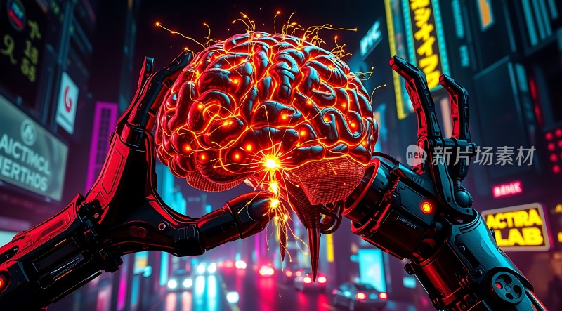 机械臂托举发光大脑未来科技感十足